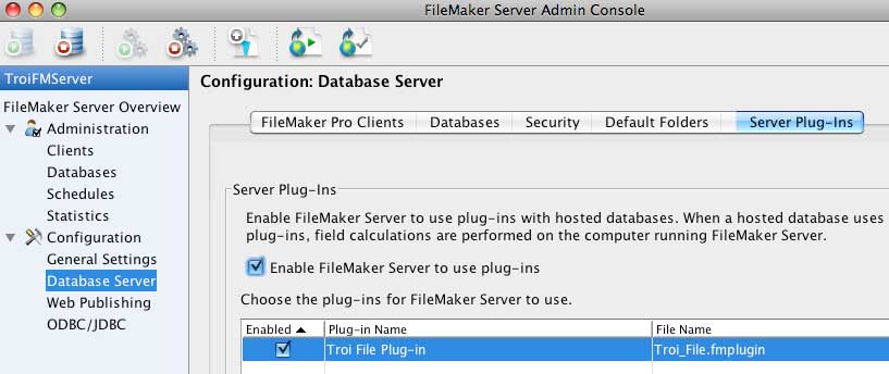 Enable Troi FileMaker plug-ins in FileMaker Server 9 admin console