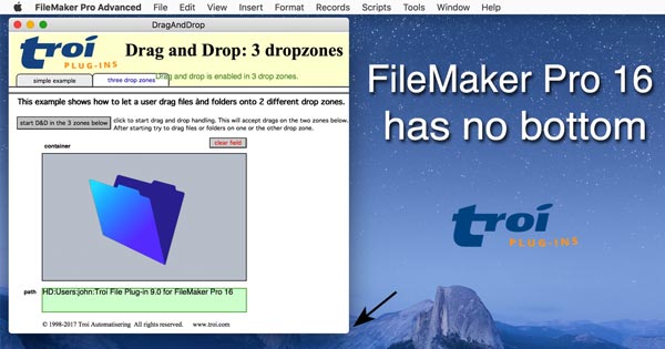 FileMaker Pro 16 with NO bottom status showing in drag-and-drop example