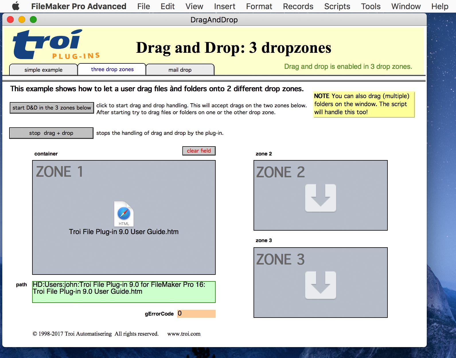 FileMaker Pro 16 with NO bottom status showing in drag-and-drop example