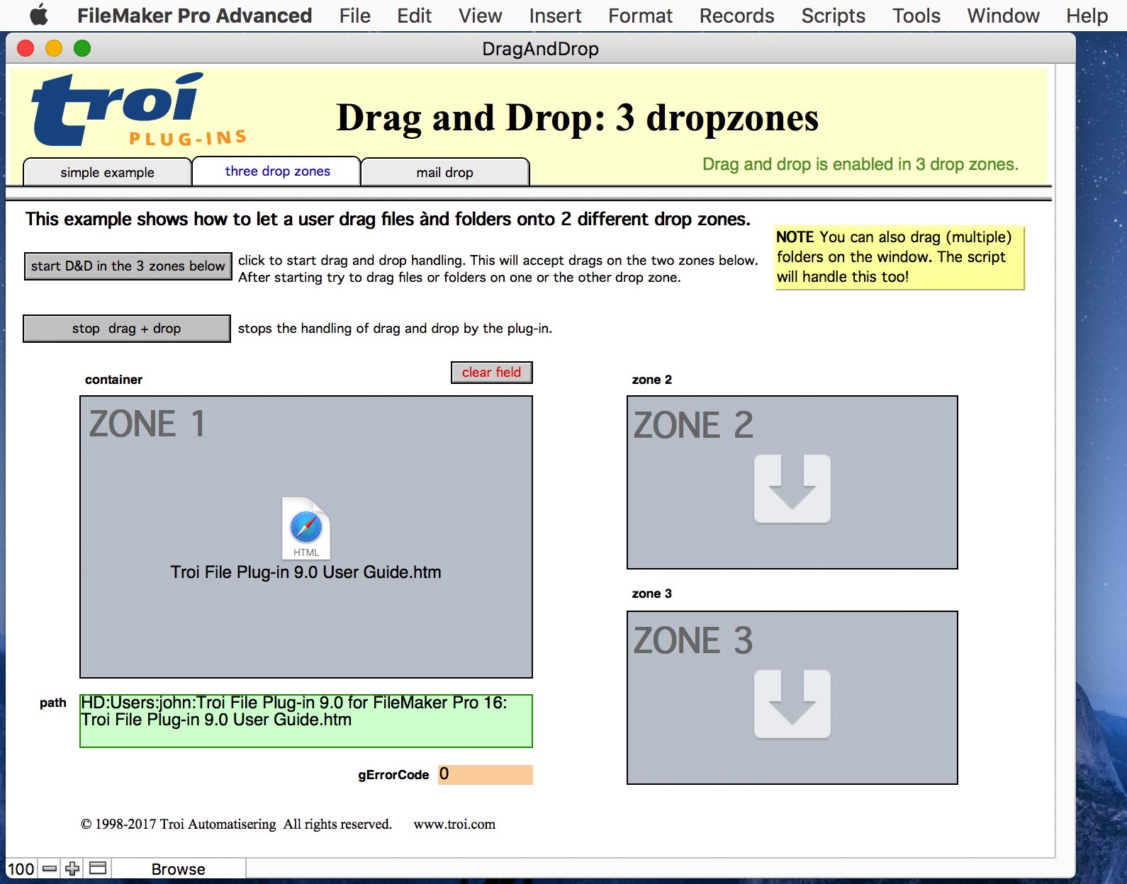 FileMaker Pro 15 with bottom status showing in drag-and-drop example